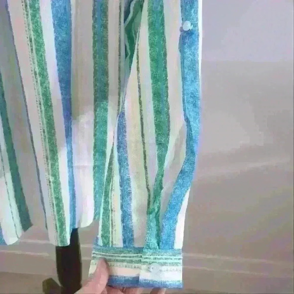 AMAZON | Women's Blue/White/Green Button Down Collard Striped Long Sleeved Top - Picture 4 of 4